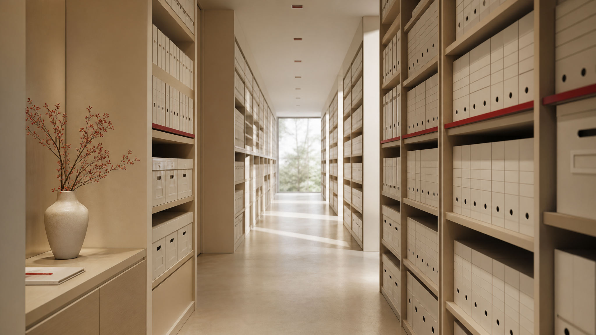 Lungo corridoio d'archivio in prospettiva