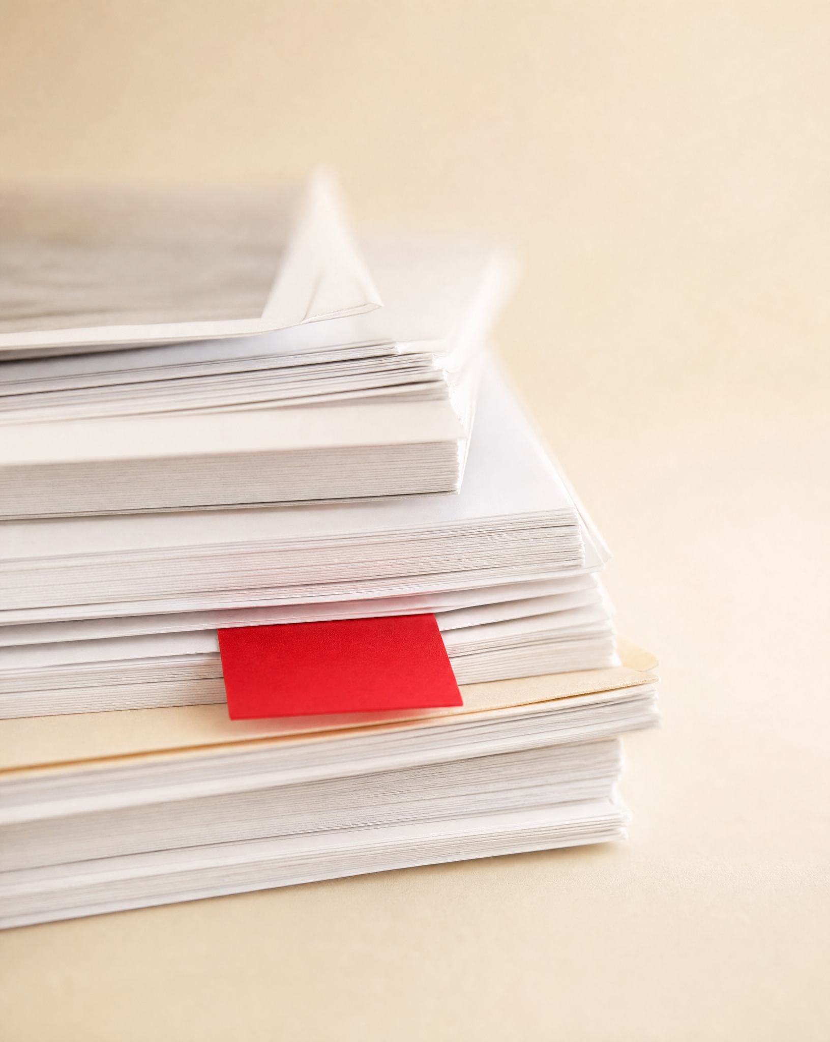 Dettaglio macro di documenti ordinati con linguetta rossa
