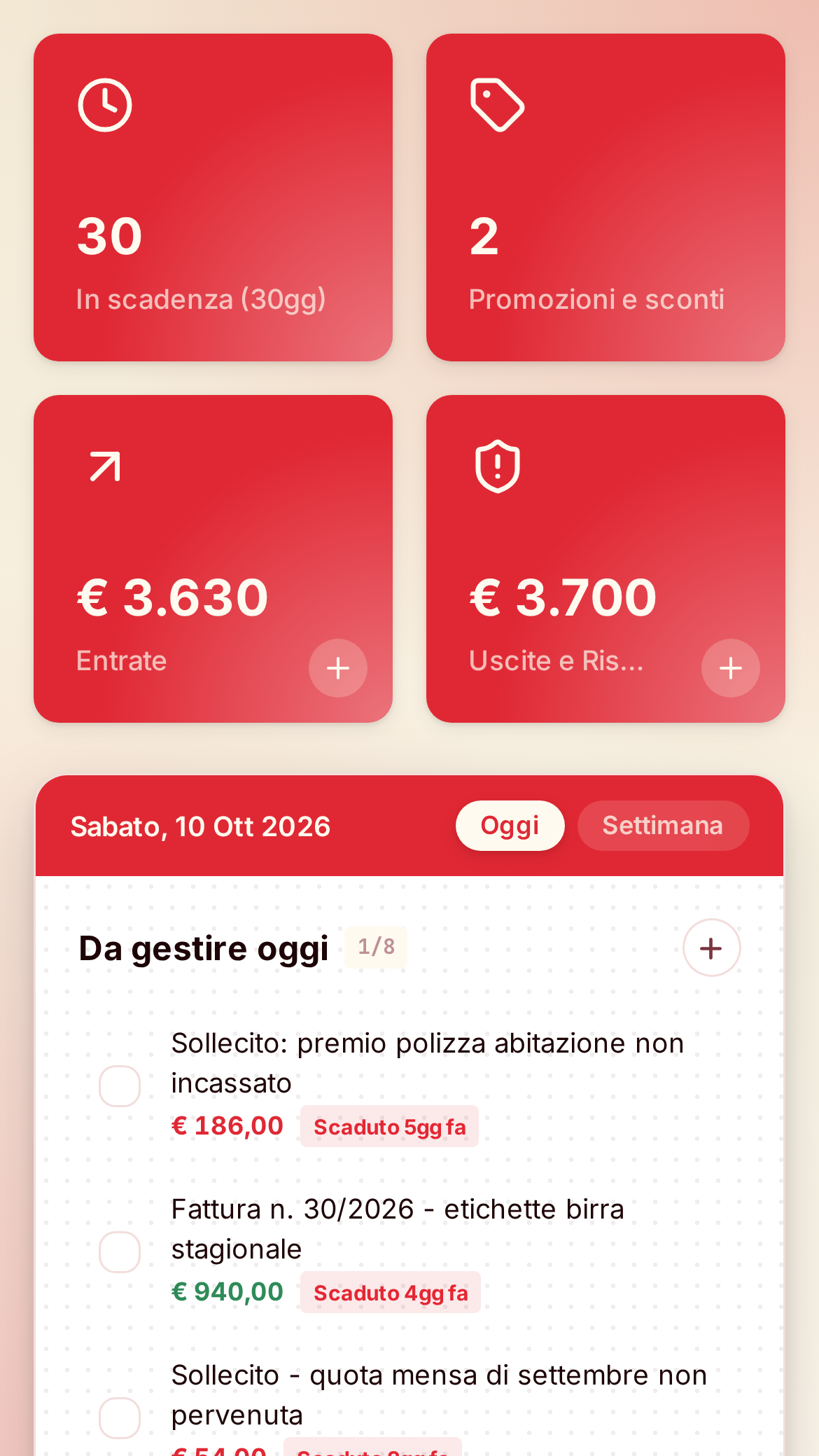 Anteprima dell'app A-ESP con dati di esempio
