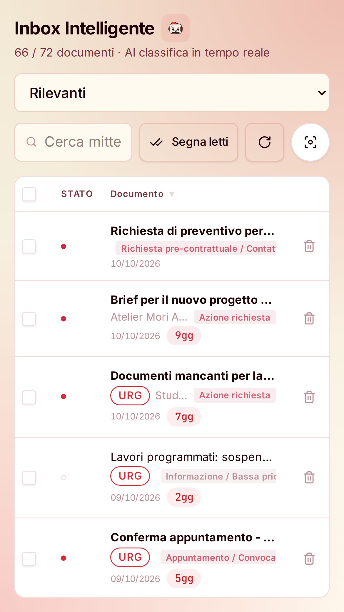 Anteprima dell'app A-ESP con dati di esempio